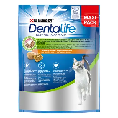 Purina Dentalife Daily Oral Care Treats pre mačky, Maxi Pack, s kuracím mäsom. Na obale obrázok mačky a pamlskov, informácie o zložení: vápnik, taurín, bez umelých farbív.