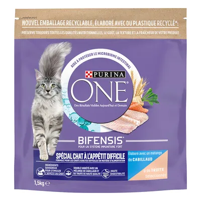 Purina ONE Bifensis, spécial chat à l’appétit difficile, 1,5 kg. Mélange de cabillaud et de truite, emballage recyclable, haute digestibilité, ingrédients pour stimuler l’appétit du chat.