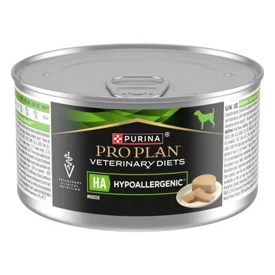 Veterinary diets hypoallergenic mousse with HA label, showing product as a soft food on a plate. Suitable for special dietary needs as indicated on the packaging.