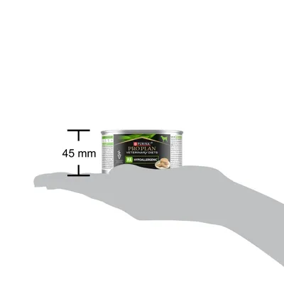 Tin of Purina Pro Plan Veterinary Diets HA Hypoallergenic food shown on a hand, with height marked as 45 mm.