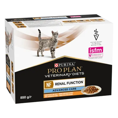 Box labelled Pro Plan Veterinary Diets NF Renal Function Advanced Care, 850g, with tender pieces with chicken. Includes ISFM and veterinary clinical nutrition symbols.