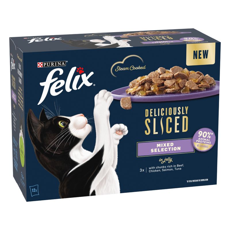 Felix Deliciously Sliced Mixed Selection in jelly, steam cooked, 90% animal proteins, with chunks rich in beef, chicken, salmon, tuna. Pack contains 12 portions.