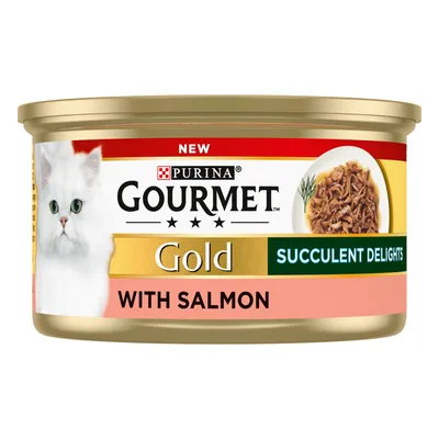 Gourmet Gold Succulent Delights with salmon, showing shredded salmon food and product label details.