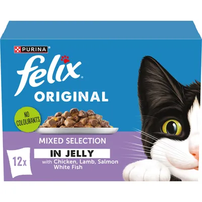 Felix Original mixed selection in jelly, 12 packs with chicken, lamb, salmon, white fish. No colourants included.