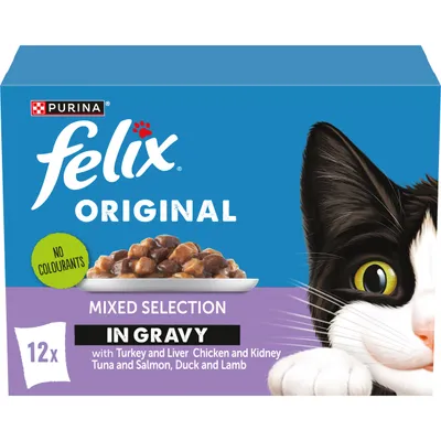 Felix Original Mixed Selection in Gravy, 12 packs with turkey and liver, chicken and kidney, tuna and salmon, duck and lamb. No colourants.