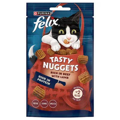 Tasty Nuggets treats, rich in beef with lamb, high in protein, on average less than 2 kcal per treat. Contains proteins, vitamins, omega 6+. Brand name: Felix.