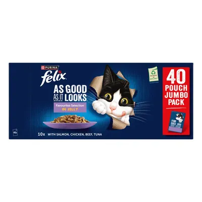 Favourites Selection in Jelly, 40 pouch jumbo pack with salmon, chicken, beef and tuna, 10 pouches of each flavour.