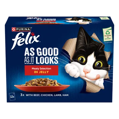 Felix As Good As It Looks 12 x 85g - Meaty Selection in Jelly (Beef, Chicken, Lamb & Ham)