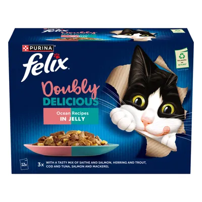 Felix Doubly Delicious Ocean Recipes in Jelly, 12 pouches with a mix of saithe and salmon, herring and trout, cod and tuna, salmon and mackerel. Pouches are recyclable.