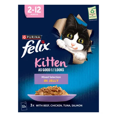 Kitten food for 2-12 months, mixed selection in jelly with beef, chicken, tuna and salmon. Contains 12 pouches, 3 of each flavour. Pouches are recyclable.