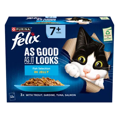Felix As Good As It Looks Fish Selection in Jelly for cats aged 7+, 12 pouches with trout, sardine, tuna and salmon. Pouches are recyclable.