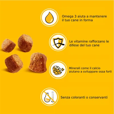 Omega 3 aiuta a mantenere il tuo cane in forma, le vitamine rafforzano le difese, minerali come il calcio aiutano ossa forti, senza coloranti o conservanti. Crocchette visibili.