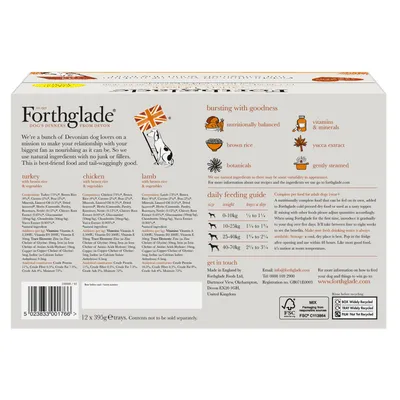Forthglade product packaging showing ingredients for turkey, chicken and lamb recipes, feeding guide by weight, nutritional highlights, contact details, and recycling information.