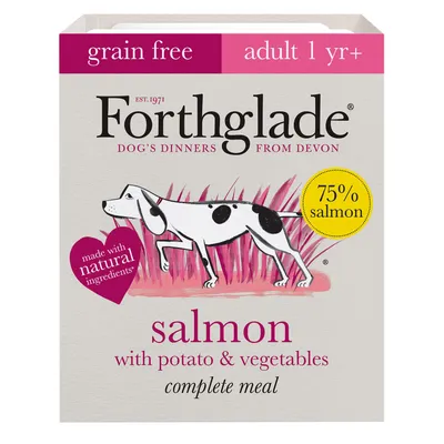 Grain free adult 1 year plus complete meal with 75% salmon, potato and vegetables, made with natural ingredients.