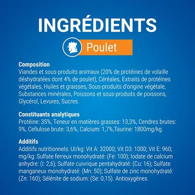 Ingrédients Poulet : viandes et sous-produits animaux, céréales, huiles, poissons, protéines 35 %, matières grasses 13,3 %, calcium 1,7 %, taurine 1800 mg/kg, additifs nutritionnels listés.