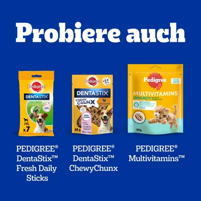 Tri pakiranja: PEDIGREE DentaStix Fresh Daily Sticks, PEDIGREE DentaStix ChewyChunx 68 g i PEDIGREE Multivitamins Immunity 180 g. Tekst na njemačkom: Probiere auch.
