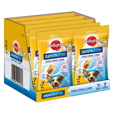 Pachet Pedigree DentaStix Daily Oral Care pentru câini mici, 10 x 7 bucăți. Text vizibil: Nr.1 der Tierärzte, 3-fach Wirkung, fără zahăr adăugat. Imagine cu câine pe ambalaj.
