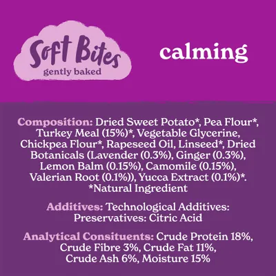 Soft Bites gently baked calming treats. Composition includes turkey meal, sweet potato, botanicals, citric acid as preservative. Analytical constituents: protein 18%, fat 11%, fibre 3%.