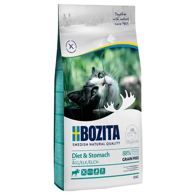 Bozita Diet & Stomach корм для кошек с лосем, 88% животного белка, без зерна, 10 кг. Шведское качество, произведено в Vårgårda. Подходит для чувствительных желудков.