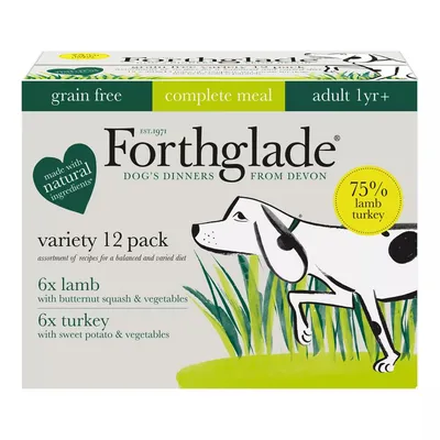 Forthglade variety 12 pack, grain free complete meal for adults 1 year plus, includes 6 lamb with butternut squash and vegetables, 6 turkey with sweet potato and vegetables, 75% lamb turkey.
