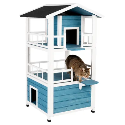Mehrstöckiges blau-weisses Katzenhaus aus Holz mit Dach und Plattformen. Katze steht auf der unteren Plattform.