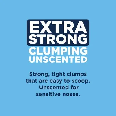 EXTRA STRONG CLUMPING UNSCENTED. Sterke, stevige klonten die gemakkelijk te scheppen zijn. Geurloos voor gevoelige neuzen. Tekst in het Engels.