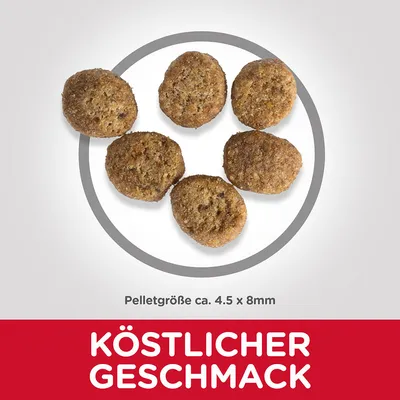 Pelletgröße ca. 4.5 x 8 mm, KÖSTLICHER GESCHMACK (texte en allemand), croquettes rondes marron clair visibles sur fond blanc.