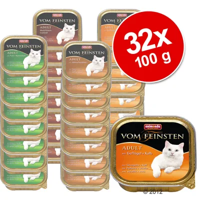 Pack de 32 taças de comida húmida para gatos Animonda Vom Feinsten Adult, 100 g cada, variedades visíveis: aves, vitela, coelho, cocktail de carnes. Texto: 32x 100 g.