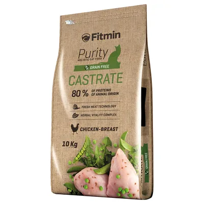 Fitmin Purity Holistic храна за котки, без зърно, кастрирани, 80% животински протеини, Fresh Meat Technology, Herbal Vitality Complex, пилешко филе, 10 кг.