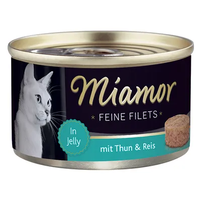 Boîte de Miamor Feine Filets, texte visible : In Jelly, mit Thun & Reis. Image d’un chat blanc et d’un médaillon de filet sur l’étiquette. Texte en allemand et anglais.