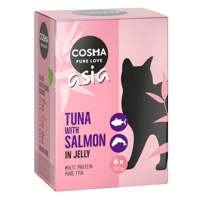 Cosma Pure Love Asia Tuna with Salmon in Jelly, 6×100g, multi protein pure fish macskatáplálék doboz látható.