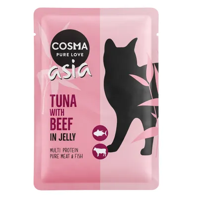 Cosma Pure Love Asia macskaeledel tasak, TUNA WITH BEEF IN JELLY, multi protein, pure meat & fish felirattal, fekete macska sziluettel rózsaszín csomagoláson.