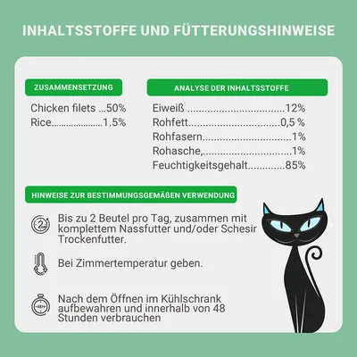 Sestava: piščančji fileji 50 %, riž 1,5 %. Analiza: beljakovine 12 %, surove maščobe 0,5 %, surove vlaknine 1 %, surovi pepel 1 %, vlaga 85 %. Navodila: do 2 vrečki na dan, servirati pri sobni temperaturi.