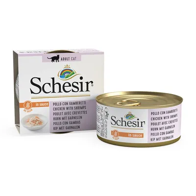 Schesir Adult Cat, pollo con gamberetti in salsa, lattina da 70g e confezione, senza cereali.
