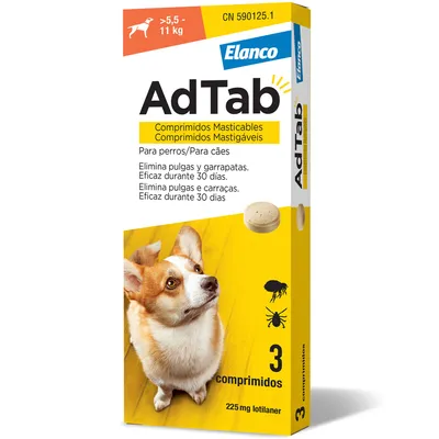 AdTab Elanco comprimidos para perros, 5,5-11 kg. 3 comprimidos masticables contra pulgas y garrapatas, efectivos durante 30 días. 225 mg lotilaner. AdTab Elanco comprimidos para perros, 5,5-11 kg. 3 comprimidos masticables contra pulgas y garrapatas, efectivos durante 30 días. 225 mg lotilaner.