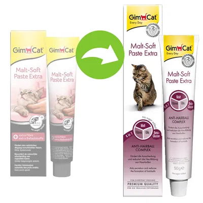 Image showing old and new packaging for GimCat Malt-Soft Paste Extra, highlighting anti-hairball complex with malt, fibres, oils, beta-glucan, and no sugar added.