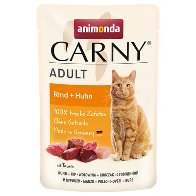Animonda Carny Adult nötkött + kyckling. 100 % färska ingredienser, utan spannmål, Made in Germany. Med taurin.