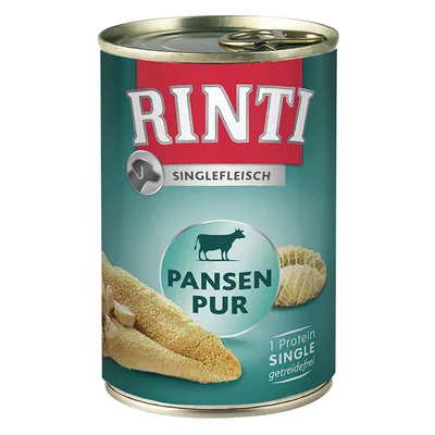 RINTI Singlefleisch Pansen Pur -koiran märkäruokapurkki, etiketissä naudan kuva ja tekstit: 1 Protein Single, getreidefrei. Tuote- ja brändinimi näkyvissä.