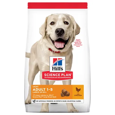 Hill's Science Plan Light Adult 1-5 Large Breed 25kg+ cu pui. 17% mai puține calorii, fără coloranți sau arome artificiale.