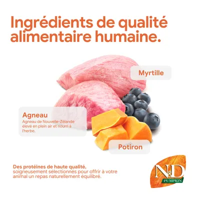 N&D Pumpkin : ingrédients de qualité alimentaire, agneau de Nouvelle-Zélande, myrtille, potiron. Protéines de haute qualité pour des repas équilibrés. N&D Pumpkin : ingrédients de qualité alimentaire, agneau de Nouvelle-Zélande, myrtille, potiron. Protéines de haute qualité pour des repas équilibrés.