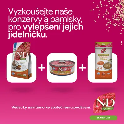 N&D Quinoa Skin & Coat suché krmivo, mokré krmivo a krém. Vedecky vyvinuté na spoločné kŕmenie. N&D Quinoa Skin & Coat suché krmivo, mokré krmivo a krém. Vedecky vyvinuté na spoločné kŕmenie.