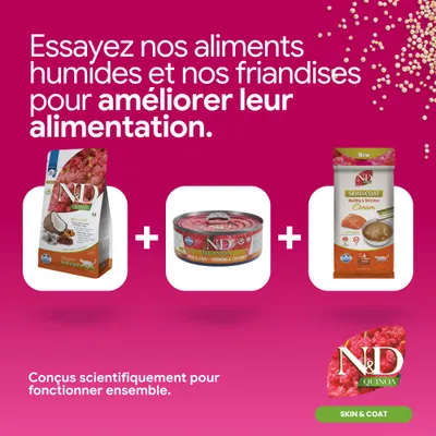N&D Quinoa Skin & Coat croquettes, nourriture humide et crème. Développé scientifiquement pour une nutrition optimale. N&D Quinoa Skin & Coat croquettes, nourriture humide et crème. Développé scientifiquement pour une nutrition optimale.