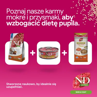 N&D Quinoa Skin & Coat karma sucha, mokra i krem. Uzupełnij żywienie swojego pupila tymi produktami.