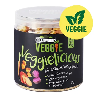 Greenwoods Veggie Veggielicious, gefriergetrocknete vegetarische Leckerlis für Hunde, ohne Getreide und Zusatzstoffe, 60 g.