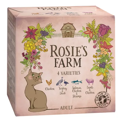 Rosie's Farm 4 Varieties, Adult, recettes sans céréales : Chicken, Turkey & Duck, Salmon Chicken & Shrimp, Lamb & Chicken. Texte en anglais.