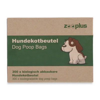 Zooplus Hundekotbeutel, 300 biologisch abbaubare Beutel. Verpackung zeigt grünes Design mit Zeichnung eines braun-weissen Hundes.
