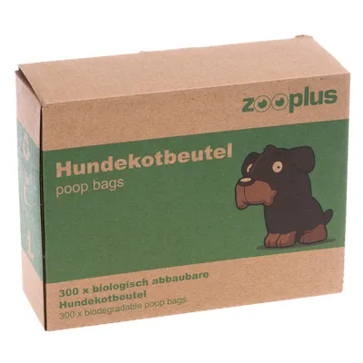 Kutija zooplus Hundekotbeutel poop bags, 300 x biologisch abbaubare Hundekotbeutel, 300 x biodegradable poop bags, ilustracija psa na prednjoj strani pakiranja.