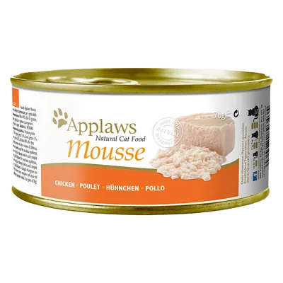 Lata de comida para gatos Applaws Natural Cat Food Mousse, sabor pollo, 70 g. Texto visible: Chicken, Poulet, Huhnchen, Pollo. Imagen del producto en mousse.