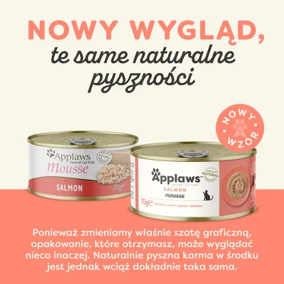 Nowy wygląd, te same naturalne pyszności. Applaws Natural Cat Food Mousse Salmon 70 g – dwa różne opakowania. Nowy wzór. Informacja: zmiana szaty graficznej, zawartość bez zmian.