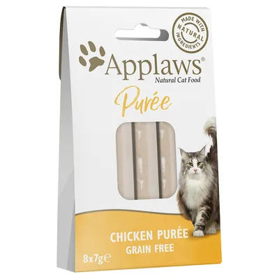 Applaws Purée Natural kattenvoer, kip purée, graanvrij, 8x7g. Verpakking met venster en afbeelding van kat. Gemaakt met natuurlijke ingrediënten.